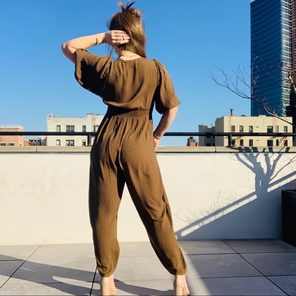 UO Vintage Bell Sleeve V-neck Earthy Jumpsuit Long Legs - Picture 14 of 16